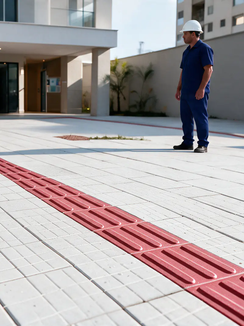 Calçada de placas de concreto com faixa de piso tátil direcional vermelha em frente a um condomínio