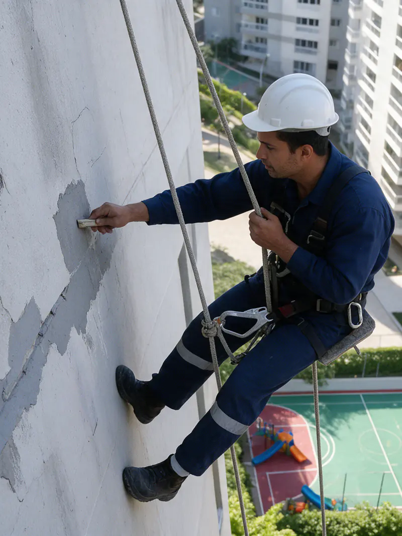 Profissional em acesso por corda recuperando fachada de edifício