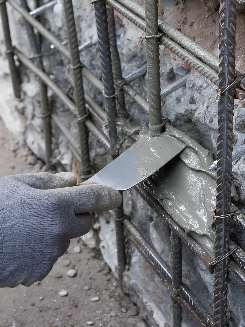 Tratamento de armadura e recomposição de concreto em elemento estrutural