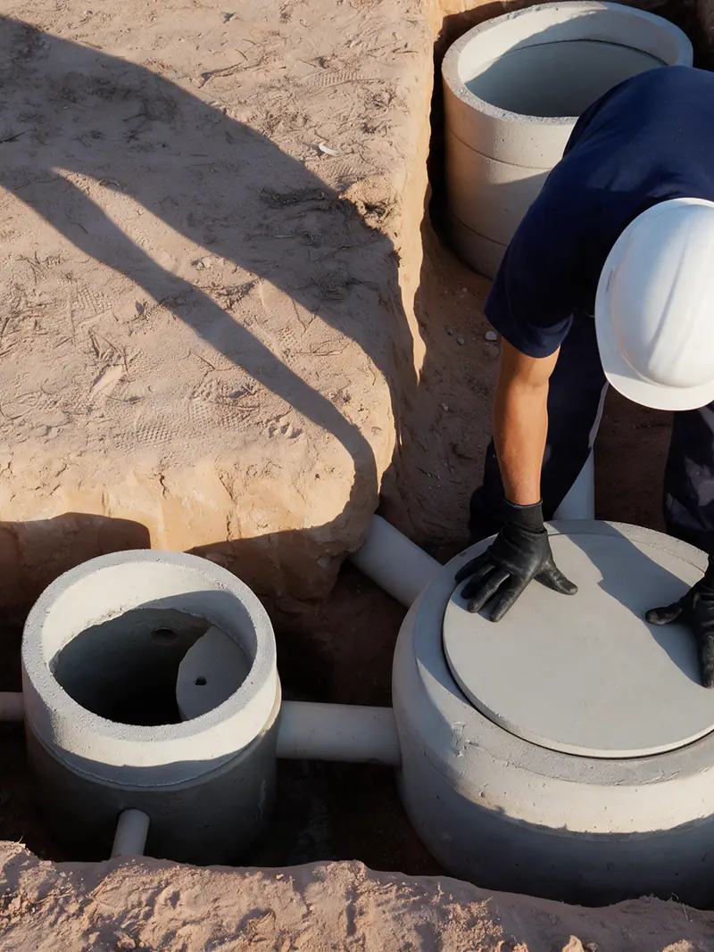 Profissional dentro de vala encaixando a tampa de concreto de uma caixa de passagem de esgoto